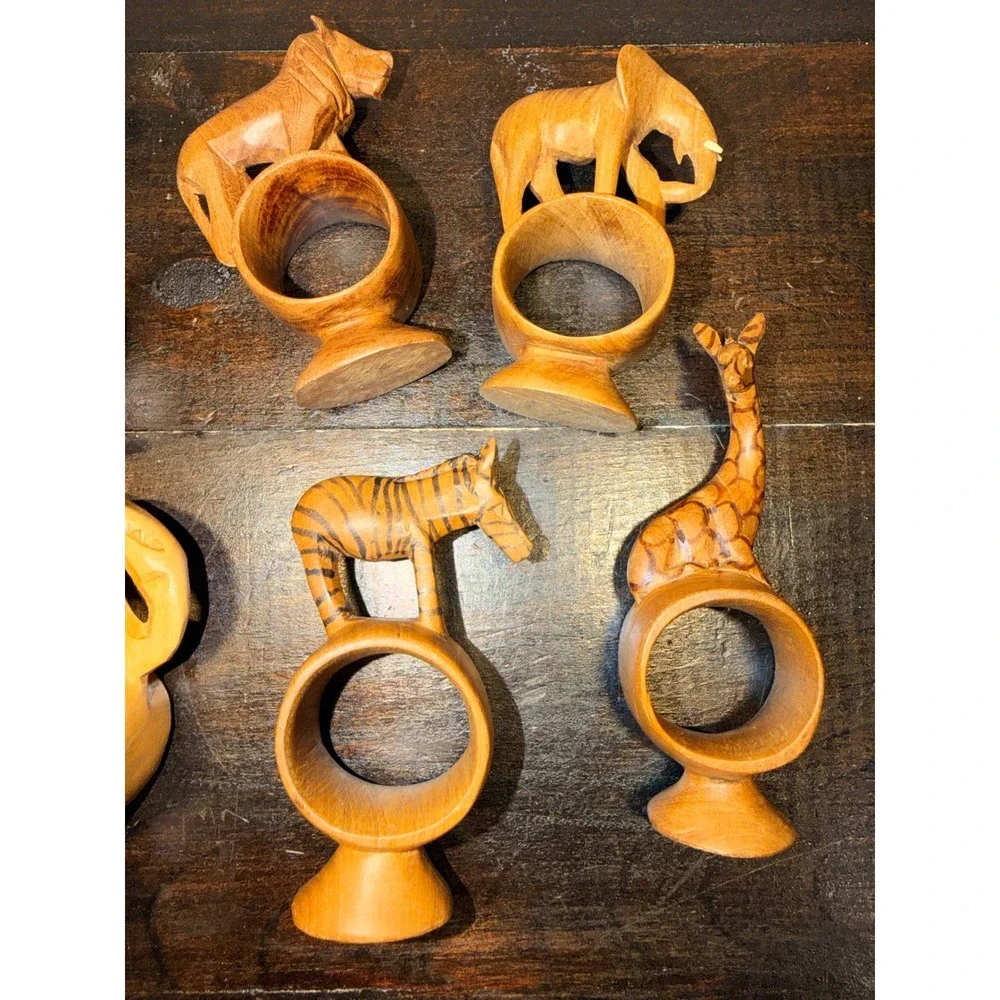 6 Hand Carved Wooden Africa Kenya Safari Animal Napkin‎ Rings